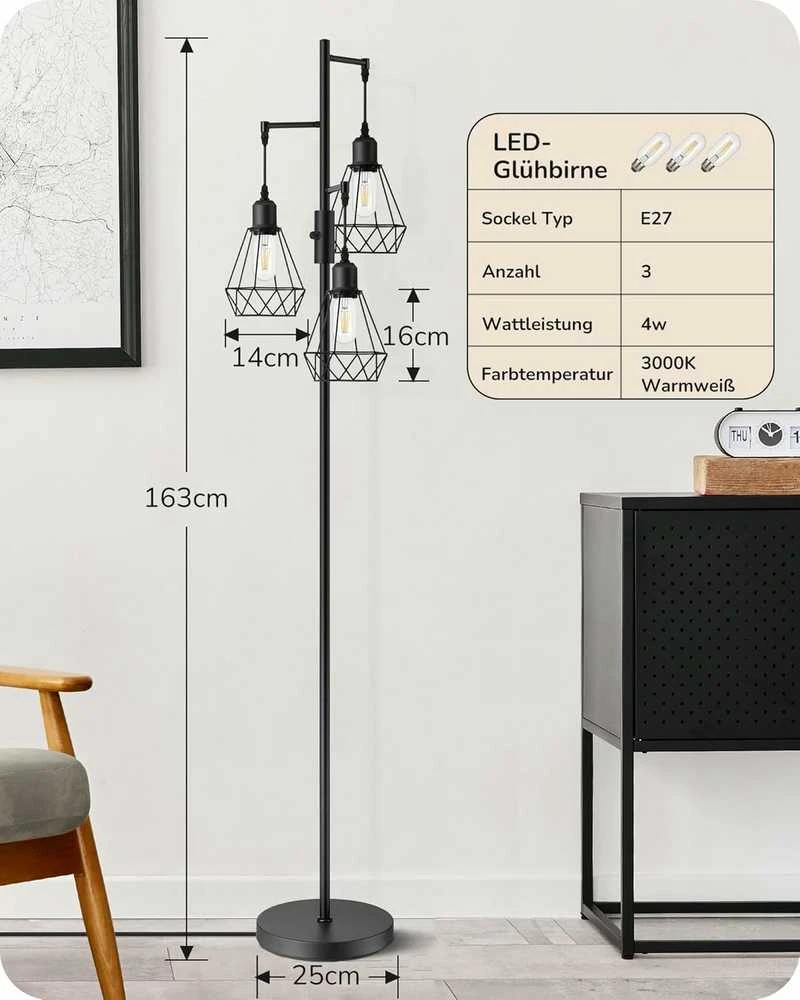 EDISHINE grindų lemputė, reguliuojama 163 cm, LED E27, metalinis šviestuvas, juoda, trys gaubtai, vintage stilius, KL-DF075