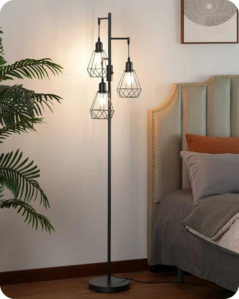 EDISHINE grindų lemputė, reguliuojama 163 cm, LED E27, metalinis šviestuvas, juoda, trys gaubtai, vintage stilius, KL-DF075