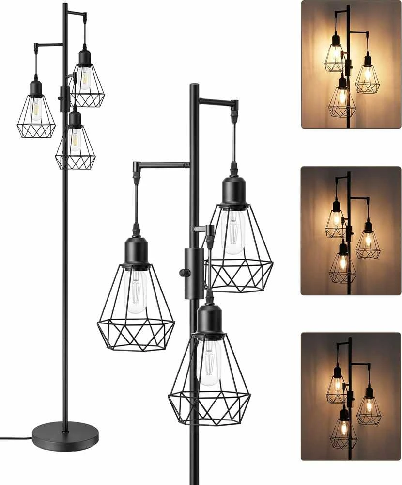 EDISHINE grindų lemputė, reguliuojama 163 cm, LED E27, metalinis šviestuvas, juoda, trys gaubtai, vintage stilius, KL-DF075