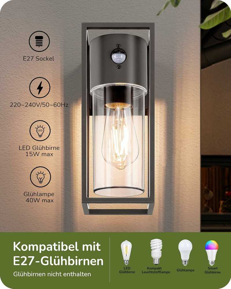 Sieninis šviestuvas EDISHINE išorinė sieninė lempa su judesio jutikliu, E27, IP44, aliuminio ir grūdinto stiklo, antracito spalvos, KH1845-E27+SEN