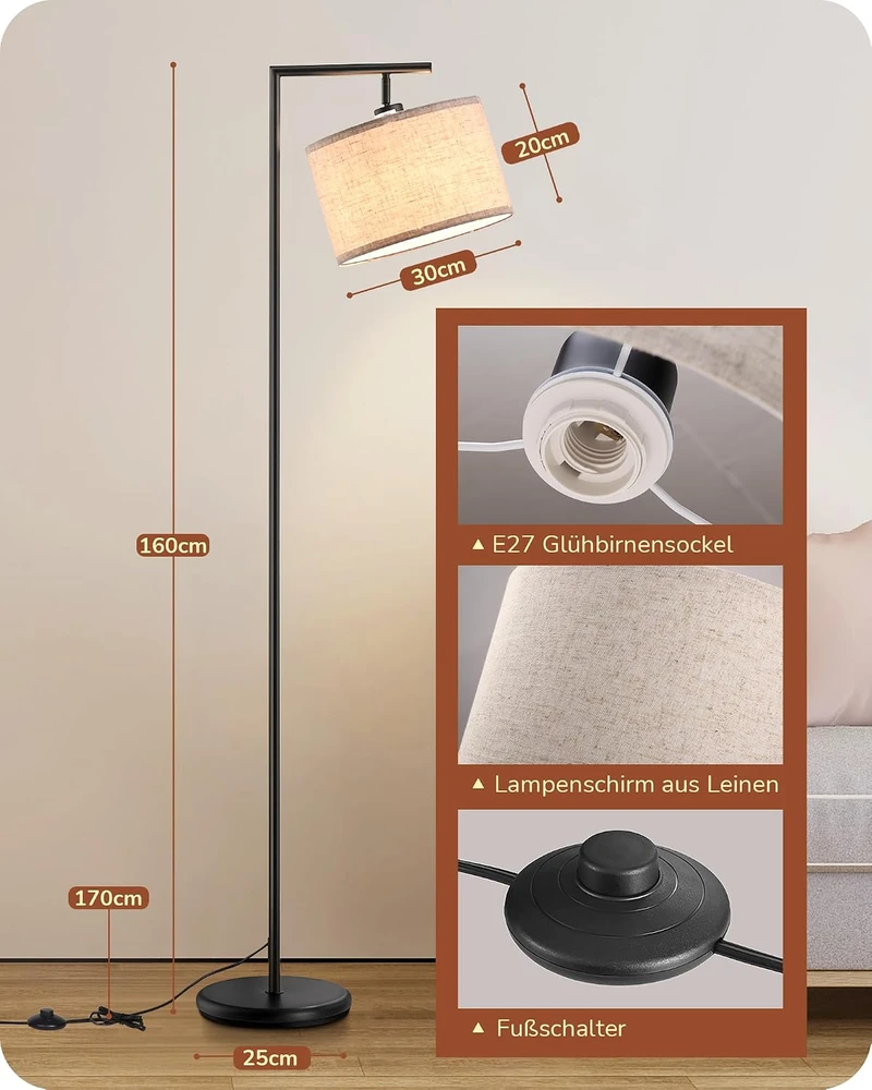 EDISHINE lankinis grindų šviestuvas su reguliuojamu lininiu gaubtu, E27, 160 cm, QY-2207F