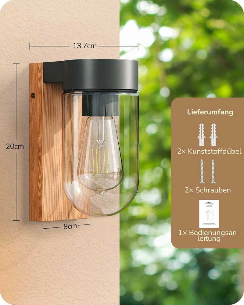 EDISHINE lauko sieninis šviestuvas IP44, E27 lizdas, aliuminis ir stiklas, 20 x 8,2 x 13,5 cm, KH 2401 DN