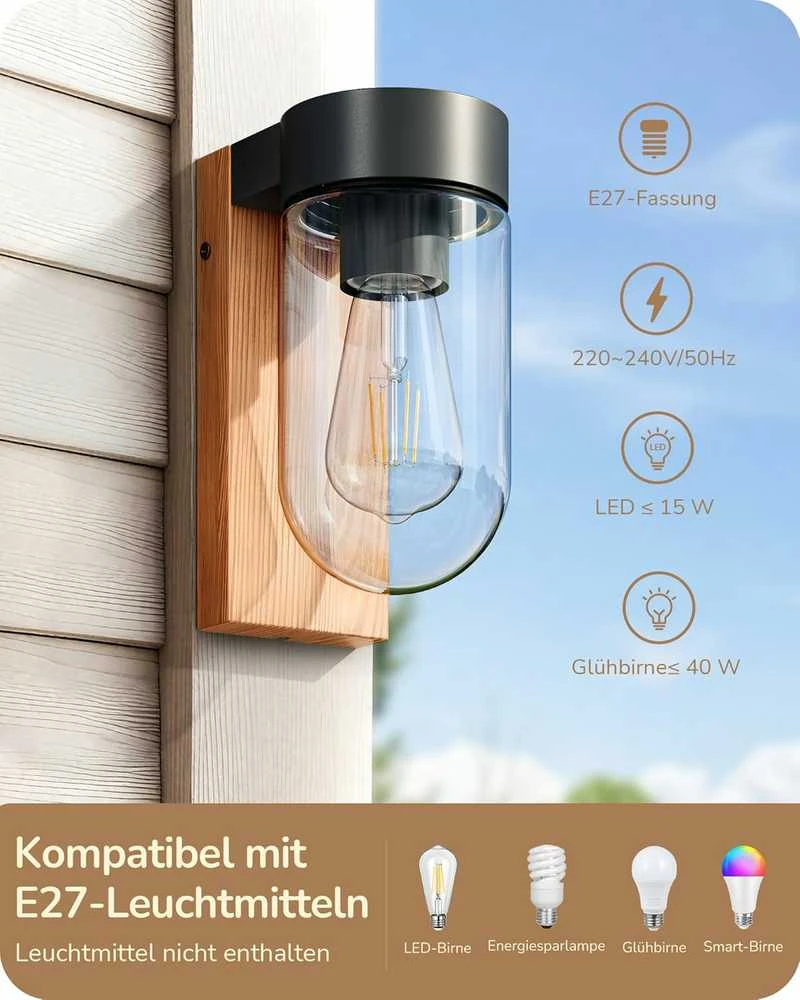 EDISHINE lauko sieninis šviestuvas IP44, E27 lizdas, aliuminis ir stiklas, 20 x 8,2 x 13,5 cm, KH 2401 DN