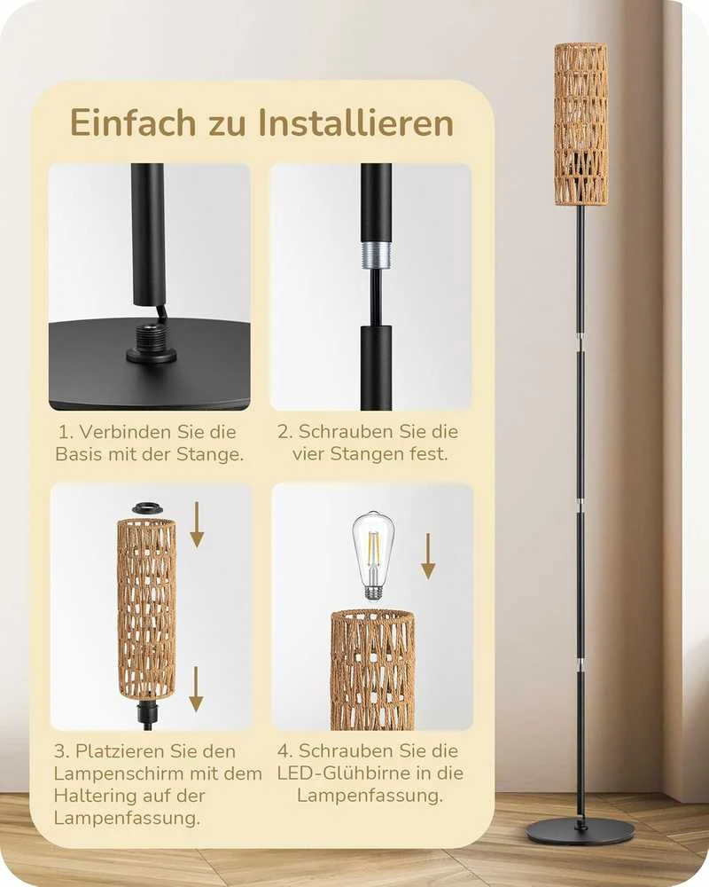 EDISHINE LED pastatoma lempa su lininiu gaubtu, 9 W, boho stiliaus, E27, 165 cm, DHLFL09H