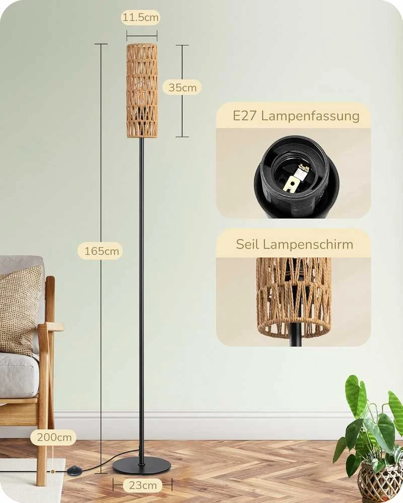 EDISHINE LED pastatoma lempa su lininiu gaubtu, 9 W, boho stiliaus, E27, 165 cm, DHLFL09H