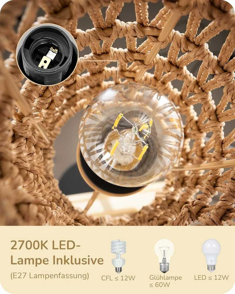 EDISHINE LED pastatoma lempa su lininiu gaubtu, 9 W, boho stiliaus, E27, 165 cm, DHLFL09H