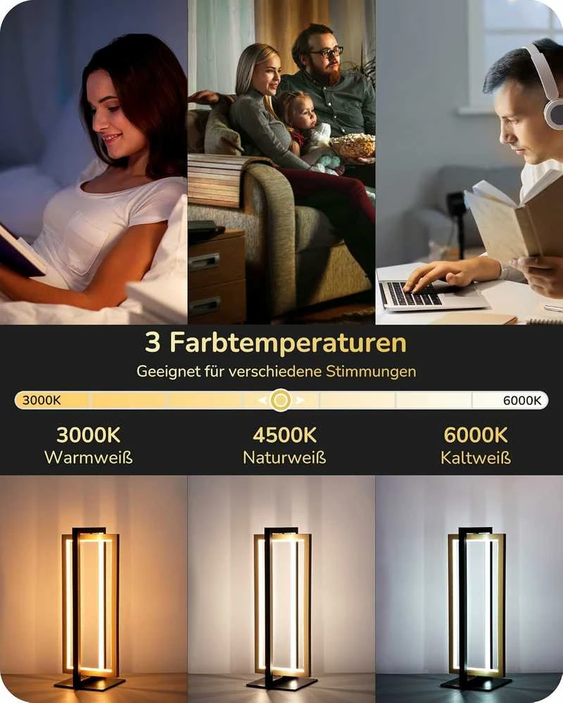 EDISHINE LED stalinė lempa, liesti valdoma, 18 W, 3 spalvų temperatūros, juoda ir auksinė, EH2023C