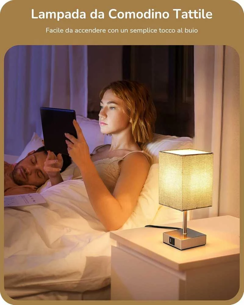 EDISHINE LED stalinė lempa su 2 USB jungtimis, pritemdoma, su pilku lino gaubtu, 4 W, 2 vnt. rinkinys