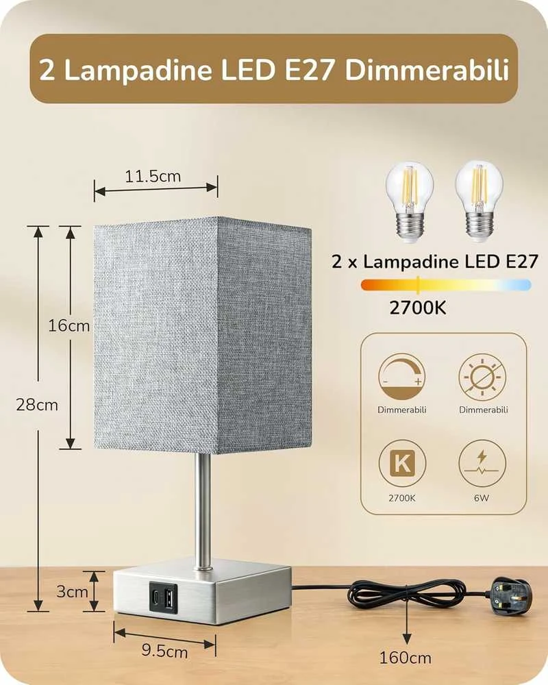 EDISHINE LED stalinė lempa su 2 USB jungtimis, pritemdoma, su pilku lino gaubtu, 4 W, 2 vnt. rinkinys