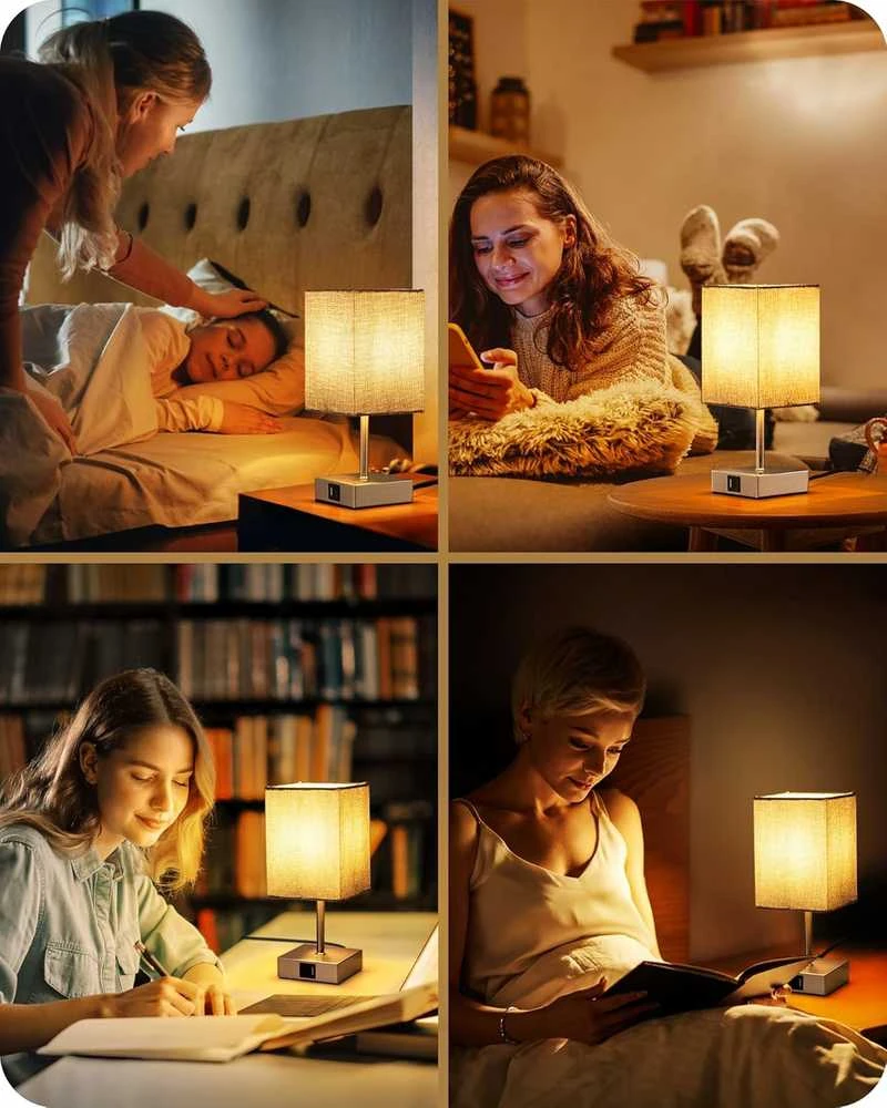 EDISHINE LED stalinė lempa su 2 USB jungtimis, pritemdoma, su pilku lino gaubtu, 4 W, 2 vnt. rinkinys