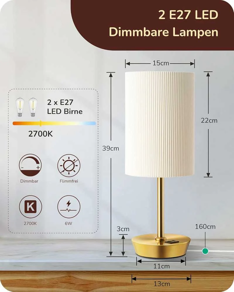 EDISHINE LED stalinė lempa su jutikliniu valdymu, USB įkrovimo funkcija, reguliuojamas apšvietimas, rinkinys 2 vnt.