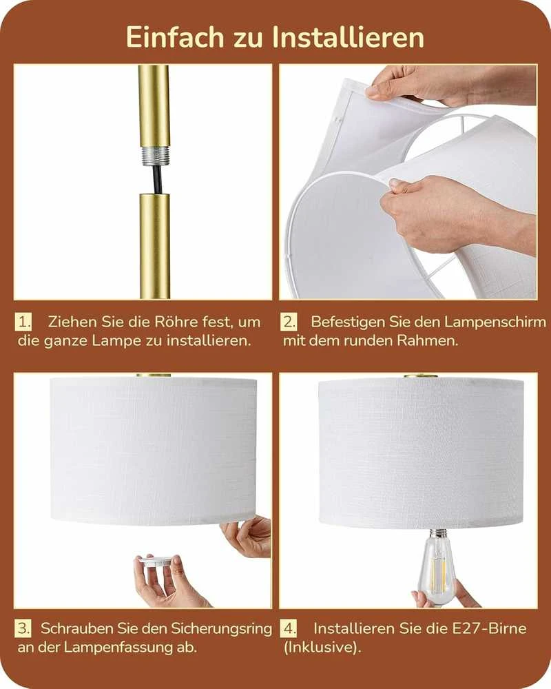 EDISHINE pastatoma lankstoma lemputė, aukso spalvos, E27 LED, 160 cm, reguliuojamas drobinis gaubtas, QY-2207F