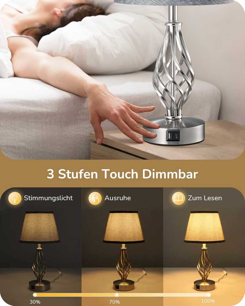 EDISHINE stalinė LED lempa, jutiklinis reguliavimas, 2 USB, 46 cm, lininis gaubtas, pilka, 2 vnt.
