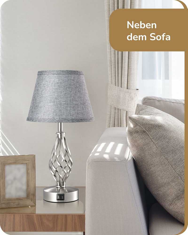 EDISHINE stalinė LED lempa, jutiklinis reguliavimas, 2 USB, 46 cm, lininis gaubtas, pilka, 2 vnt.