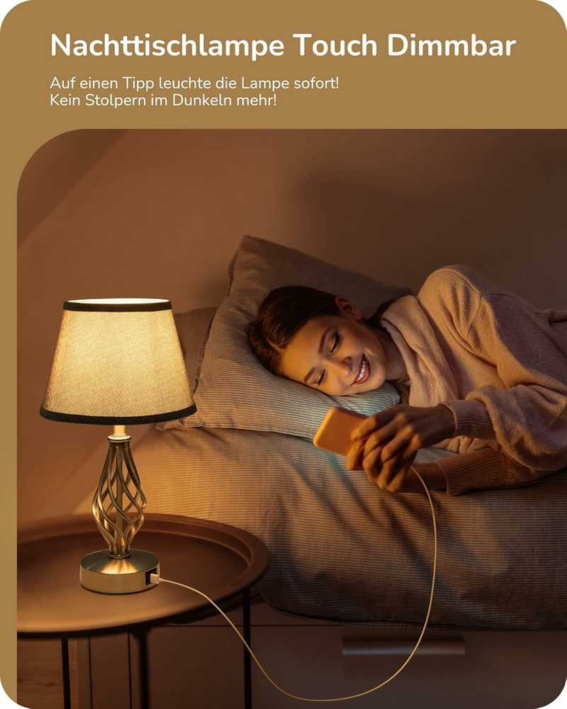 EDISHINE stalinė LED lempa, jutiklinis reguliavimas, 2 USB, 46 cm, lininis gaubtas, pilka, 2 vnt.