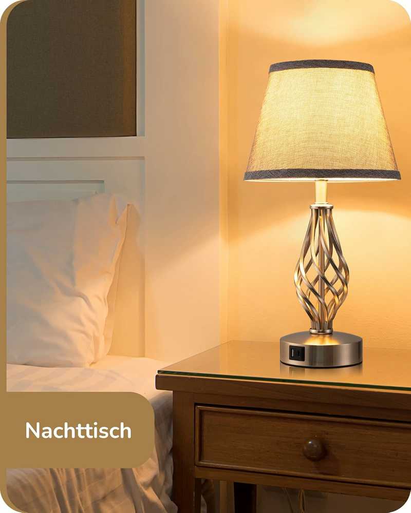 EDISHINE stalinė LED lempa, jutiklinis reguliavimas, 2 USB, 46 cm, lininis gaubtas, pilka, 2 vnt.