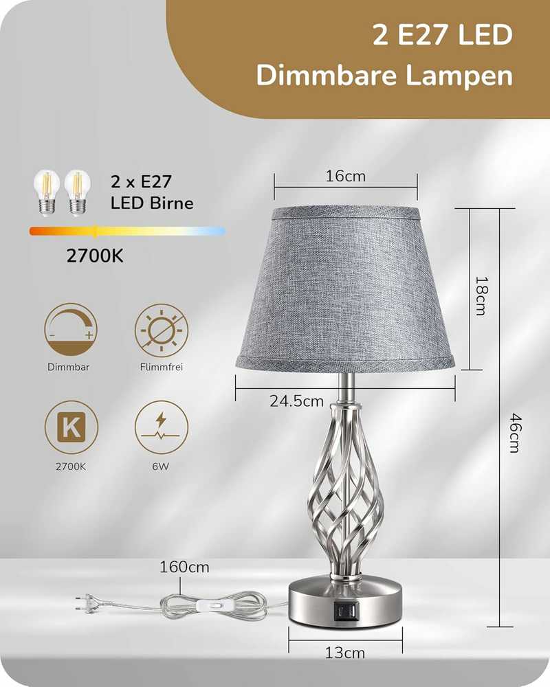 EDISHINE stalinė LED lempa, jutiklinis reguliavimas, 2 USB, 46 cm, lininis gaubtas, pilka, 2 vnt.