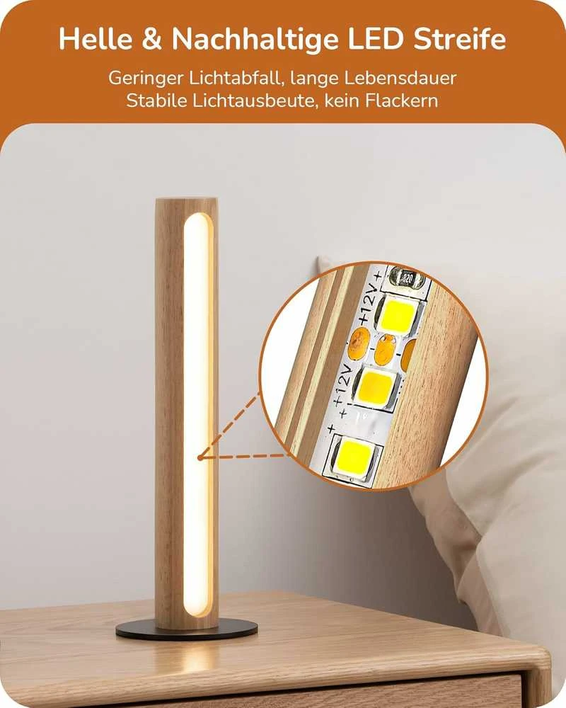 EDISHINE stalinė LED lempa su 5,5 W galia, mediniu gaubtu, jutikliniu pritemdymu