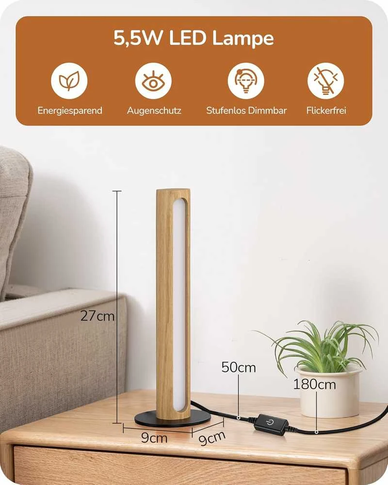 EDISHINE stalinė LED lempa su 5,5 W galia, mediniu gaubtu, jutikliniu pritemdymu