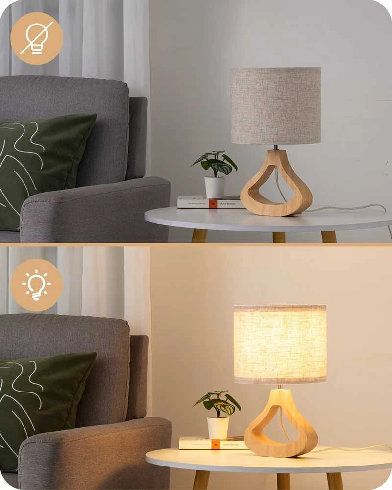 EDISHINE stalinė LED lempa su lino audinio gaubtu ir 4 W E27 lempute, 34 cm aukščio, šviesaus medžio pagrindu