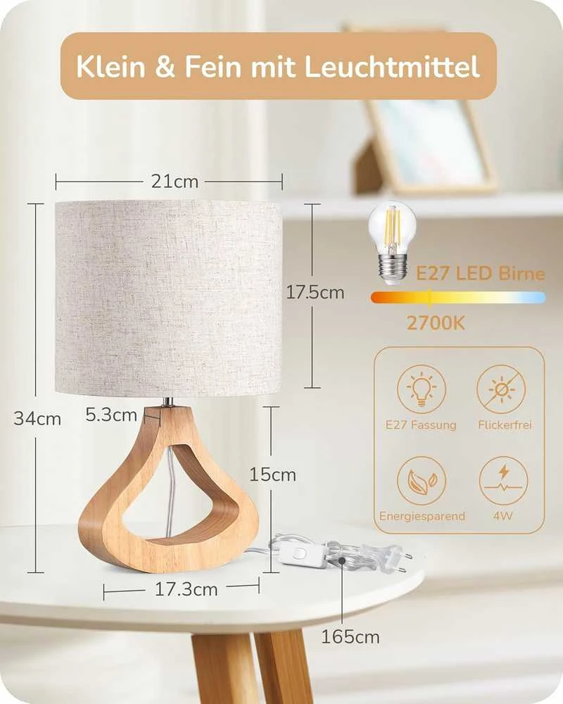 EDISHINE stalinė LED lempa su lino audinio gaubtu ir 4 W E27 lempute, 34 cm aukščio, šviesaus medžio pagrindu