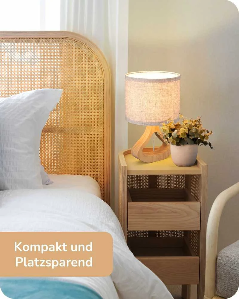 EDISHINE stalinė LED lempa su lino audinio gaubtu ir 4 W E27 lempute, 34 cm aukščio, šviesaus medžio pagrindu