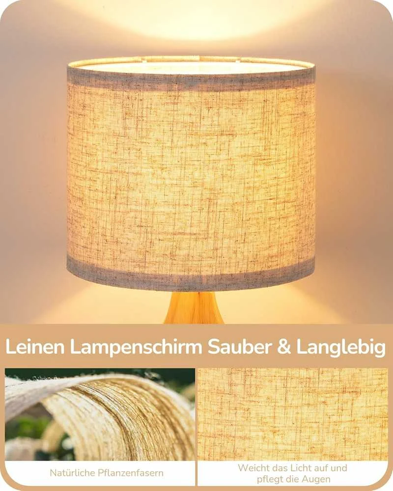 EDISHINE stalinė LED lempa su lino audinio gaubtu ir 4 W E27 lempute, 34 cm aukščio, šviesaus medžio pagrindu