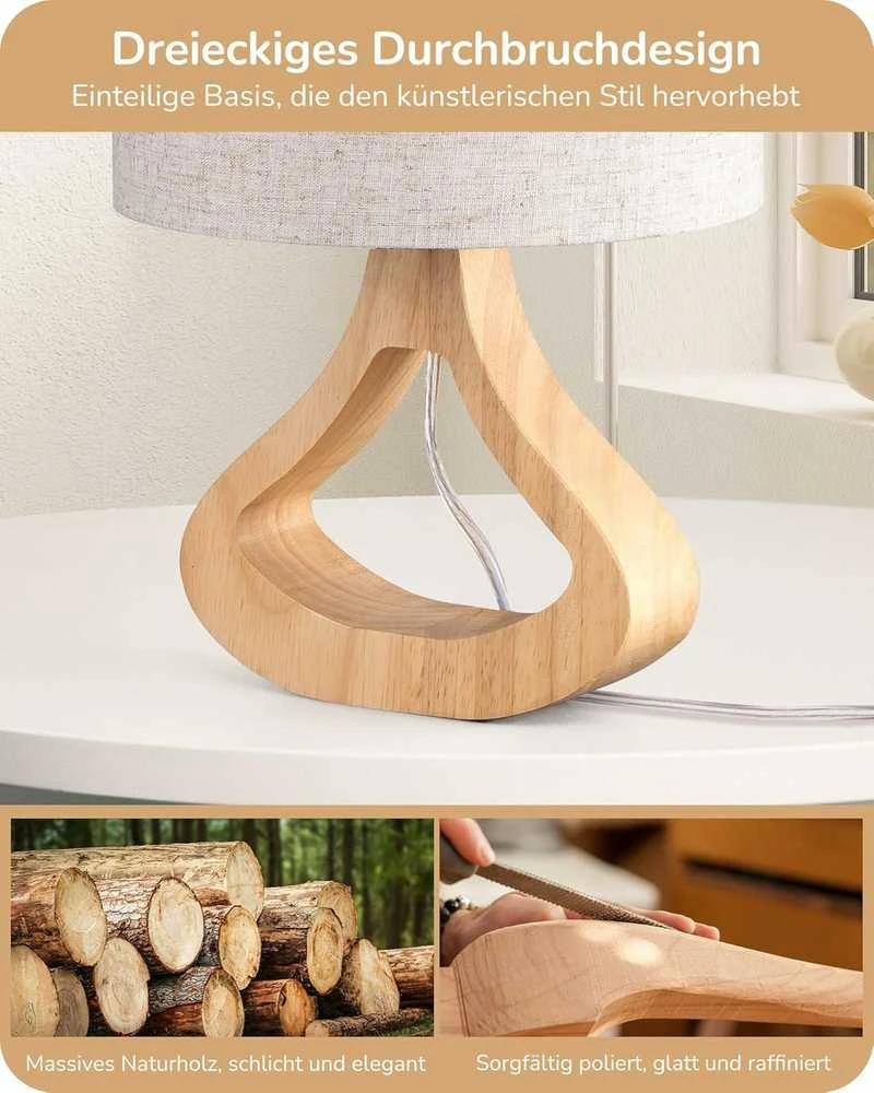 EDISHINE stalinė LED lempa su lino audinio gaubtu ir 4 W E27 lempute, 34 cm aukščio, šviesaus medžio pagrindu