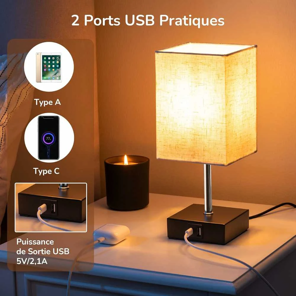 EDISHINE stalinė LED lempa su reguliuojamu ryškumu, 2 USB jungtys, komplekte 2 vnt., lininiu gaubtu