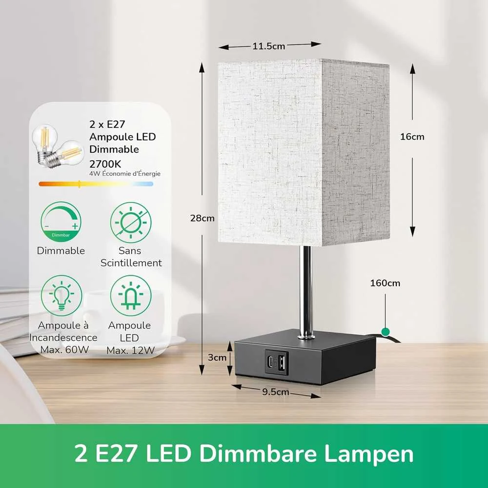 EDISHINE stalinė LED lempa su reguliuojamu ryškumu, 2 USB jungtys, komplekte 2 vnt., lininiu gaubtu