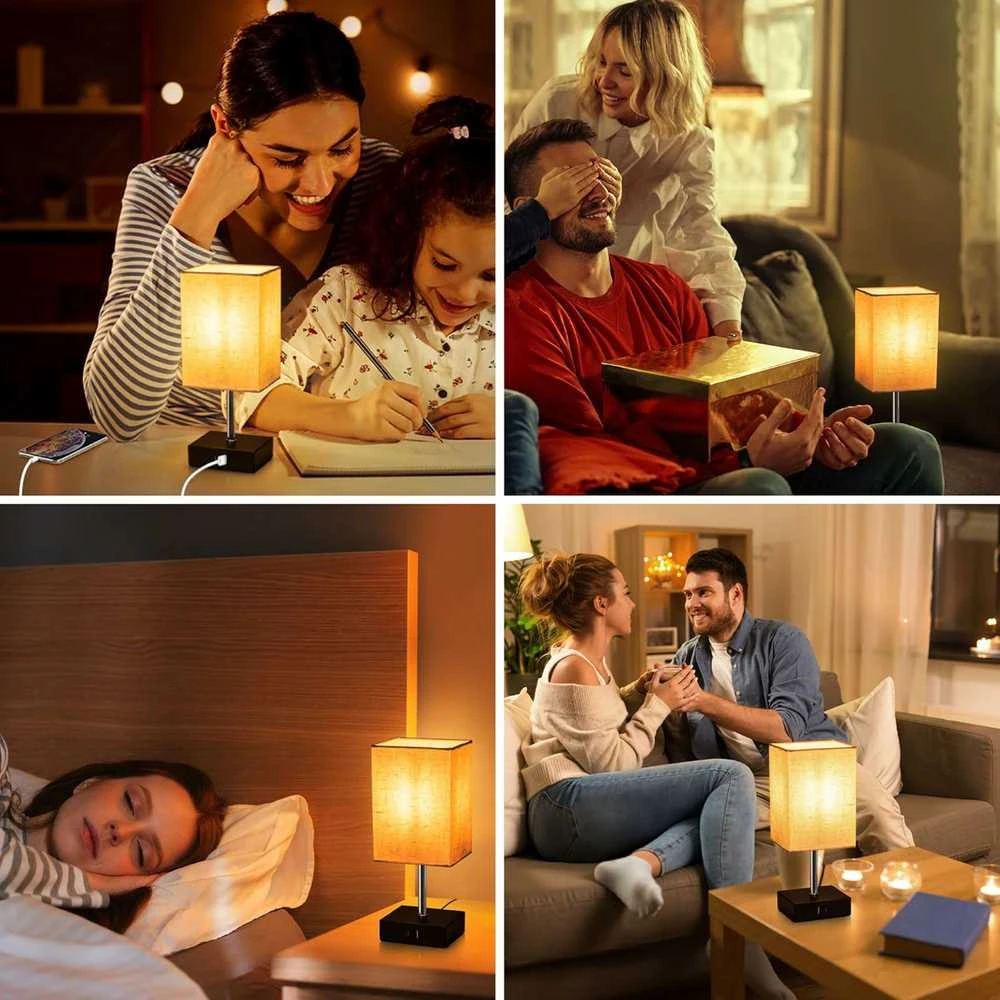 EDISHINE stalinė LED lempa su reguliuojamu ryškumu, 2 USB jungtys, komplekte 2 vnt., lininiu gaubtu