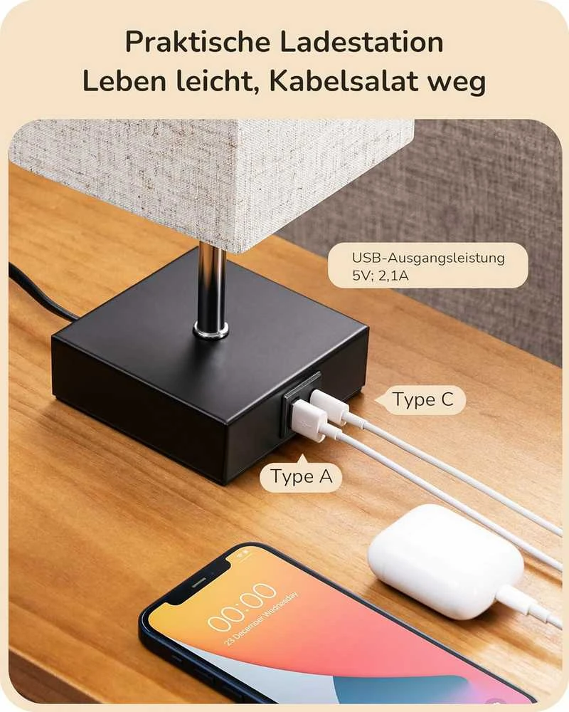 EDISHINE stalinė LED naktinė lempa su reguliuojamu ryškumu, USB-A ir USB-C krovimo prievadais, E27, 2 vnt. komplektas