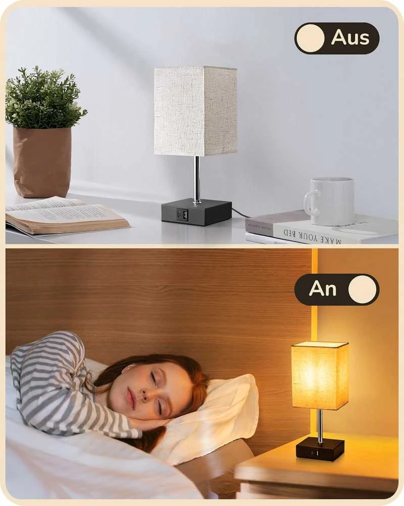 EDISHINE stalinė LED naktinė lempa su reguliuojamu ryškumu, USB-A ir USB-C krovimo prievadais, E27, 2 vnt. komplektas