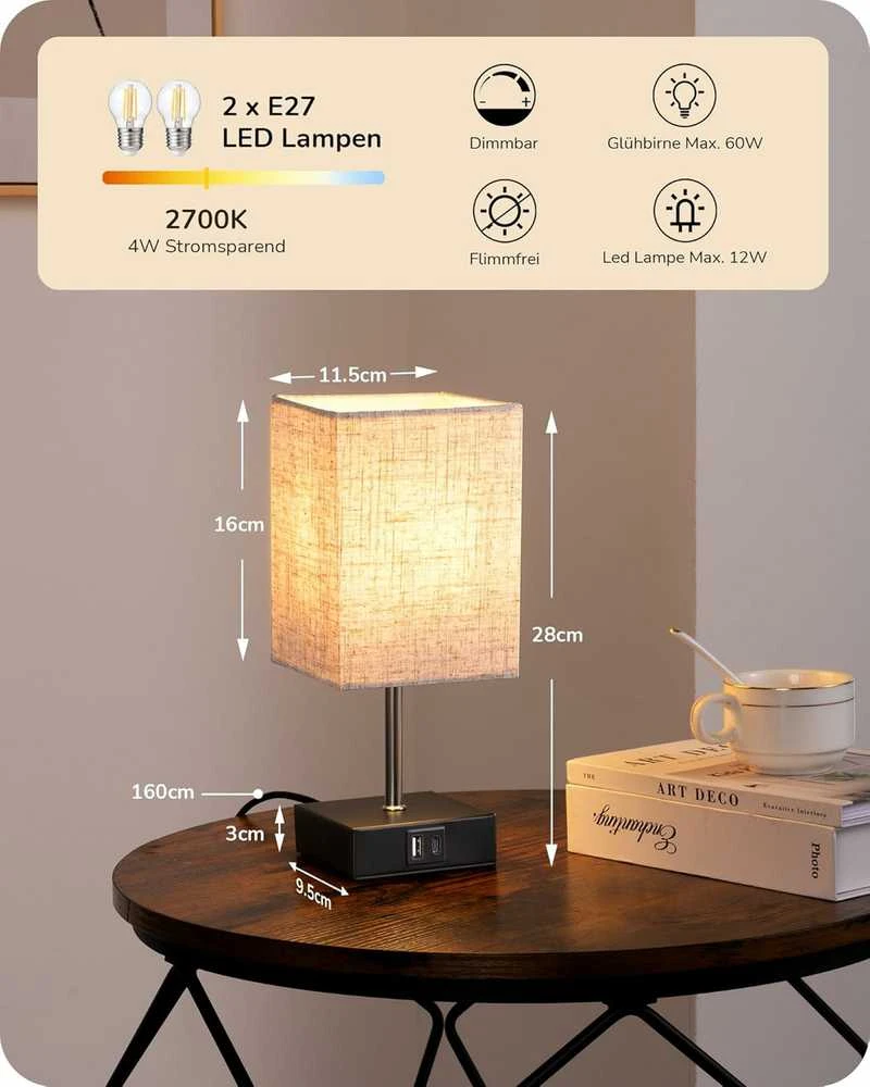 EDISHINE stalinė LED naktinė lempa su reguliuojamu ryškumu, USB-A ir USB-C krovimo prievadais, E27, 2 vnt. komplektas