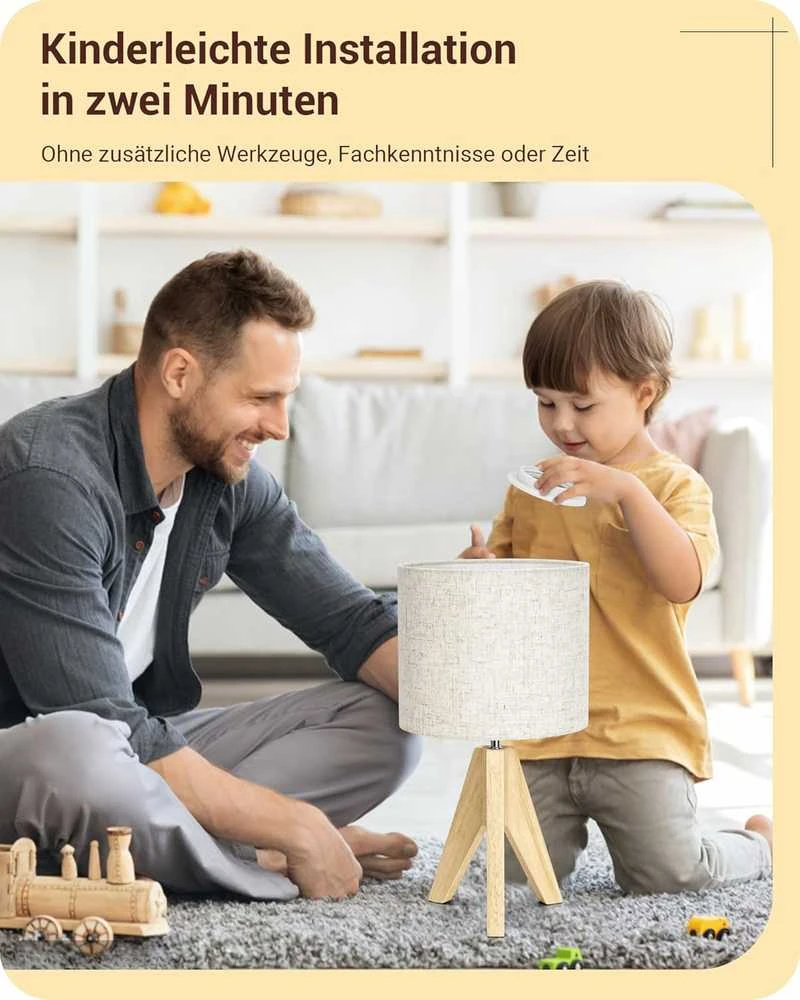 EDISHINE stalinė lempa iš medžio, E27 lizdas, lininis šviesus atspalvis, 60 W, CE sertifikuota