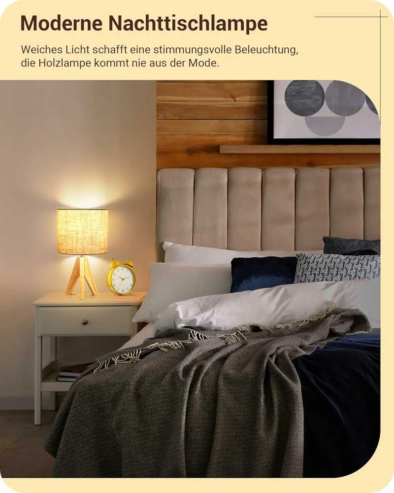 EDISHINE stalinė lempa iš medžio, E27 lizdas, lininis šviesus atspalvis, 60 W, CE sertifikuota
