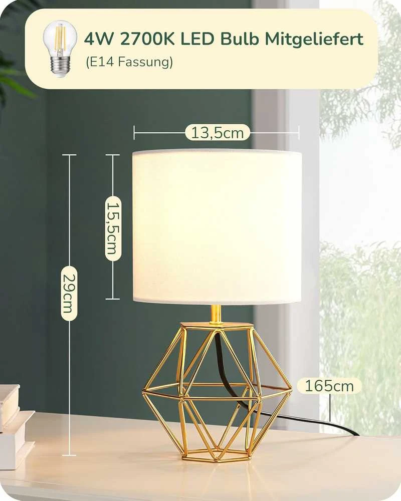 EDISHINE stalinė lempa su baltu lino audinio gaubtu ir auksine metaline baze, LED E14, 60 W, 29 cm