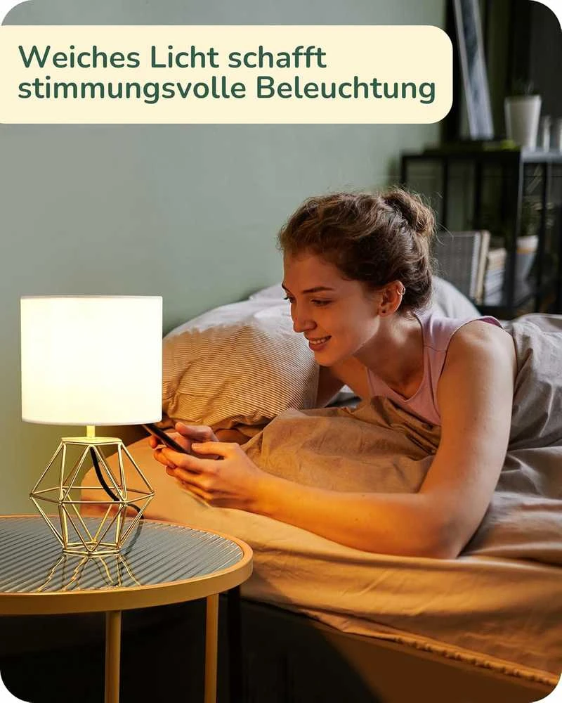 EDISHINE stalinė lempa su baltu lino audinio gaubtu ir auksine metaline baze, LED E14, 60 W, 29 cm