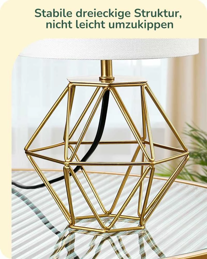 EDISHINE stalinė lempa su baltu lino audinio gaubtu ir auksine metaline baze, LED E14, 60 W, 29 cm