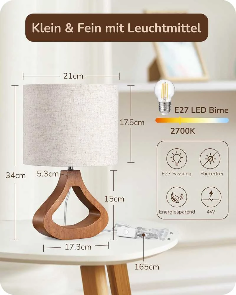 EDISHINE stalinė lempa su LED lempute, E27 lizdas, lininis gaubtas, medinė bazė, 4 W, 34 cm