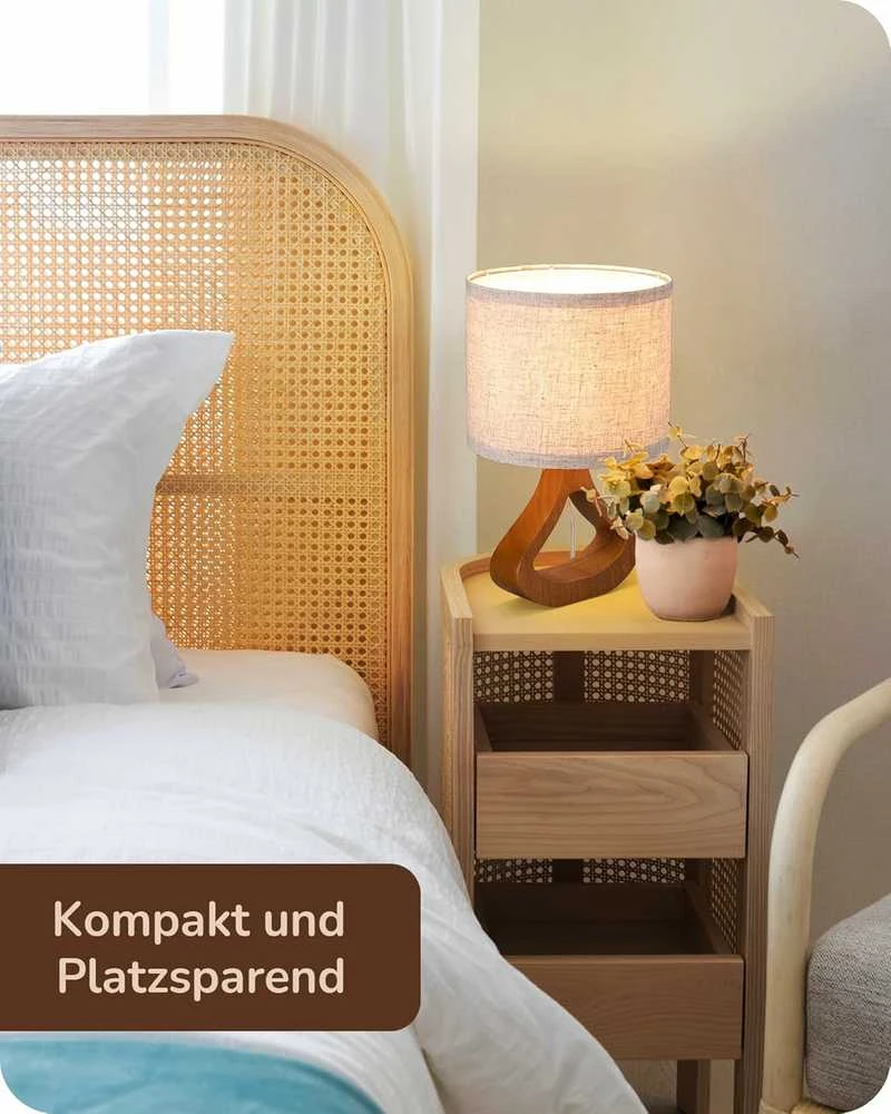 EDISHINE stalinė lempa su LED lempute, E27 lizdas, lininis gaubtas, medinė bazė, 4 W, 34 cm