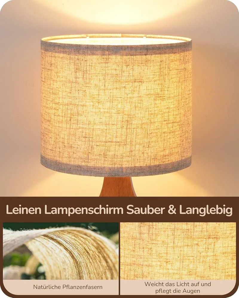 EDISHINE stalinė lempa su LED lempute, E27 lizdas, lininis gaubtas, medinė bazė, 4 W, 34 cm