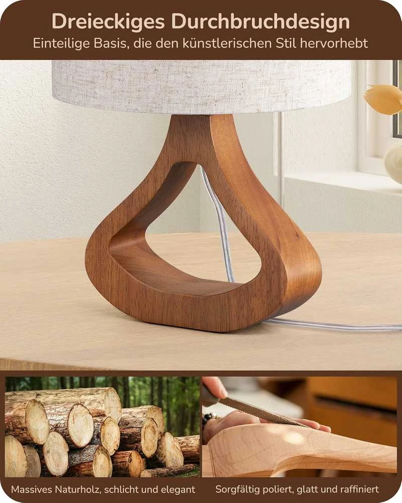EDISHINE stalinė lempa su LED lempute, E27 lizdas, lininis gaubtas, medinė bazė, 4 W, 34 cm
