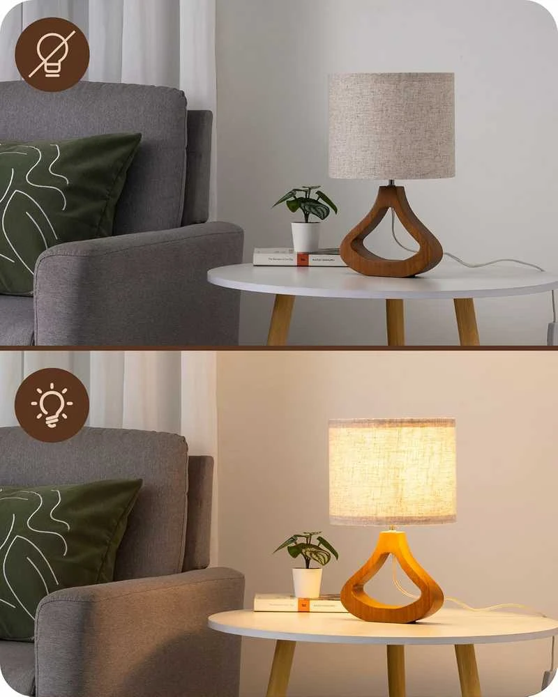 EDISHINE stalinė lempa su LED lempute, E27 lizdas, lininis gaubtas, medinė bazė, 4 W, 34 cm