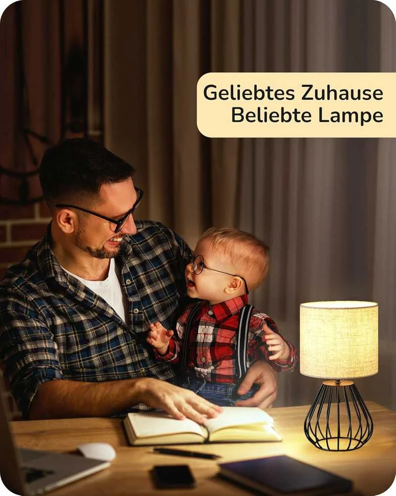 EDISHINE stalinė lempa su lininiu gaubtu, E14 lizdas, 60 W, bežinė-juoda, industrinio stiliaus