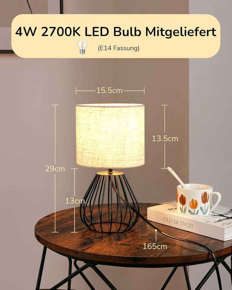 EDISHINE stalinė lempa su lininiu gaubtu, E14 lizdas, 60 W, bežinė-juoda, industrinio stiliaus