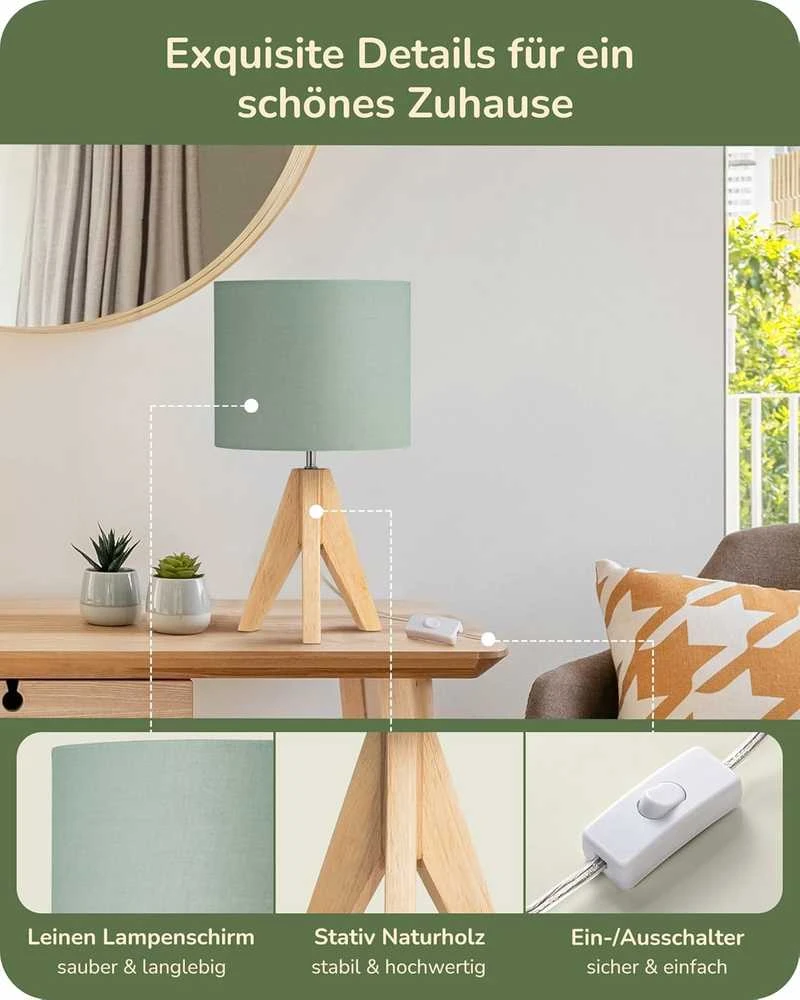 EDISHINE stalinė lempa su lininiu gaubtu, E27 lizdas, medinė bazė, LED lemputė, žalia