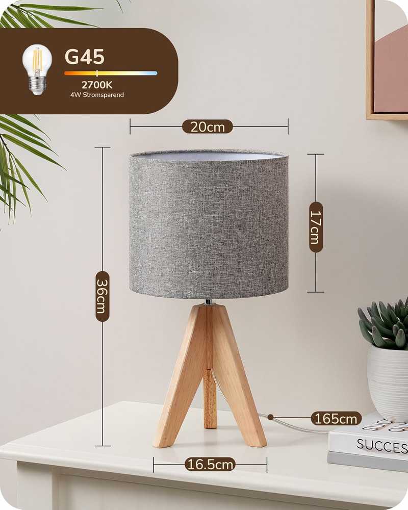EDISHINE stalinė lempa, vintage stilius, LED, medinis trikojis, lino gaubtas, E27, 36 cm