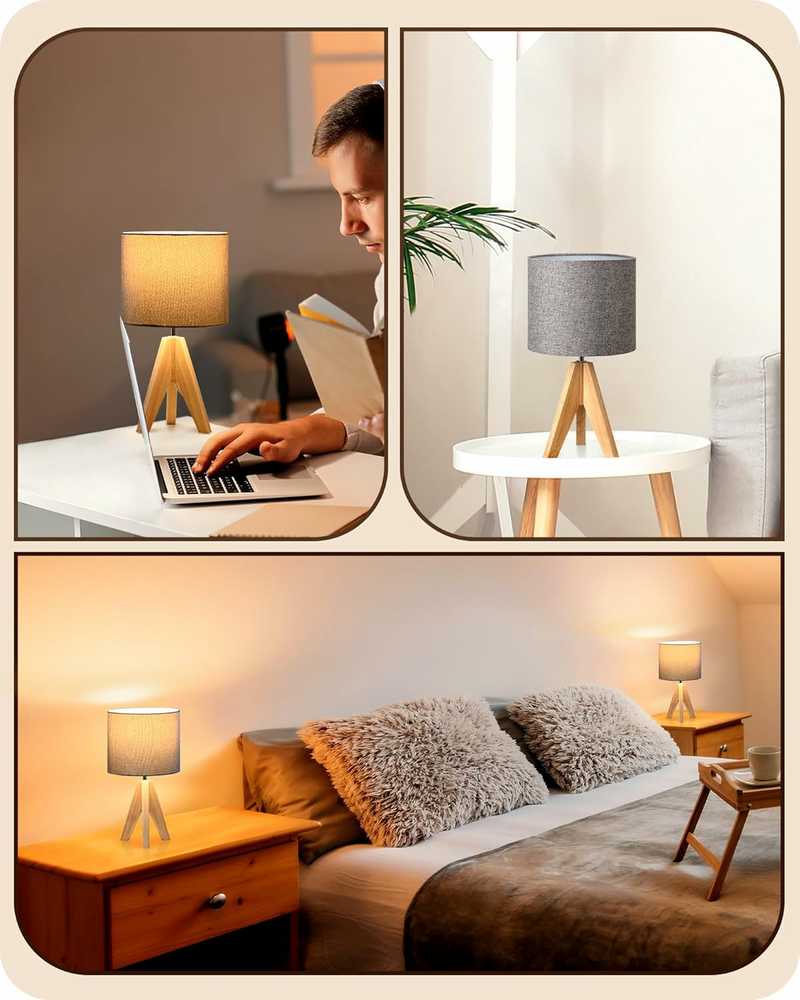 EDISHINE stalinė lempa, vintage stilius, LED, medinis trikojis, lino gaubtas, E27, 36 cm