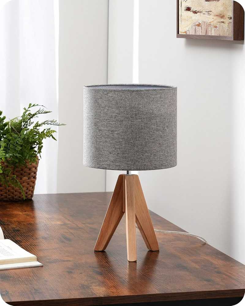 EDISHINE stalinė lempa, vintage stilius, LED, medinis trikojis, lino gaubtas, E27, 36 cm
